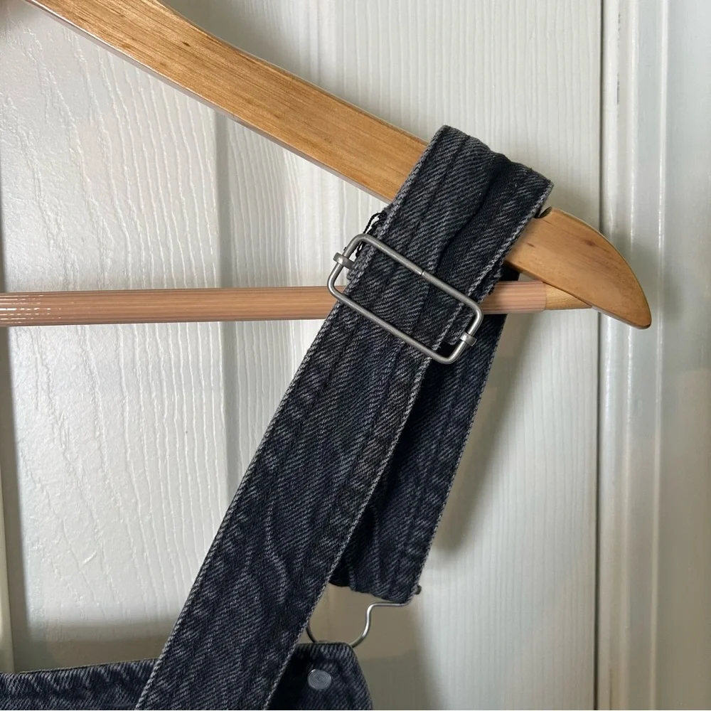 Free People Black Denim Distressed Hem Overall Mini Dress | Size 12 - Picture 3 of 10